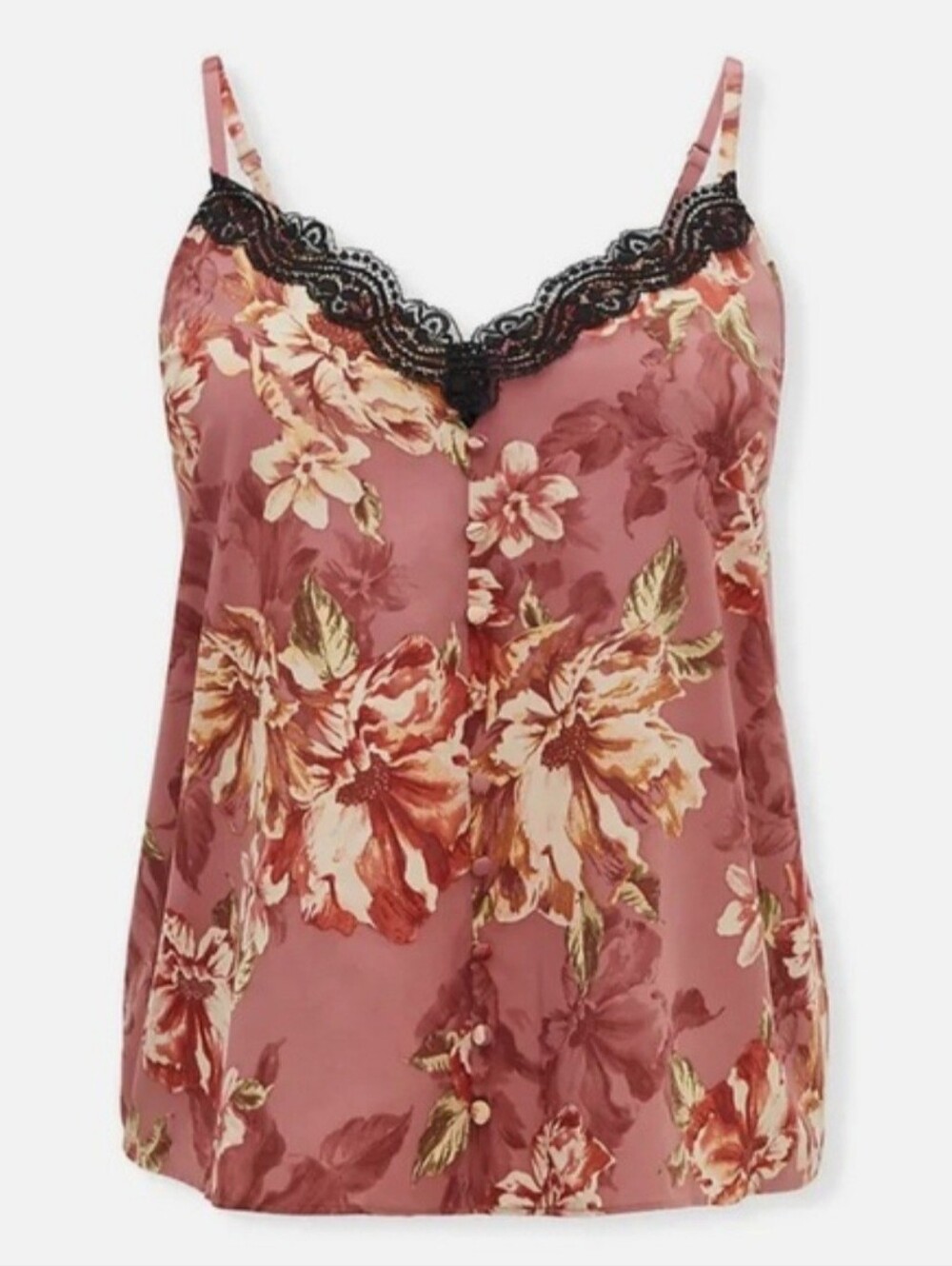 NWT Torrid Satin Lace Button Cami V Neck Sleeveless Walnut Floral Women 1X 14-16 - Picture 2 of 7